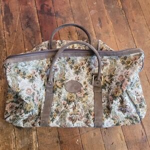 Vintage Floral Tapestry Duffel Bag Brown Faux Suede Trim Weekender Travel Bag